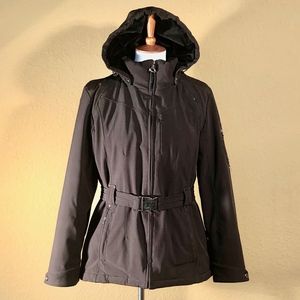 Attractive warm black winter coat w/hood. No belt included